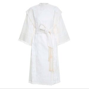 ZIMMERMANN BRIGHTSIDE FRINGED BELTED PRINTED LINEN COAT IN OFF-WHITE